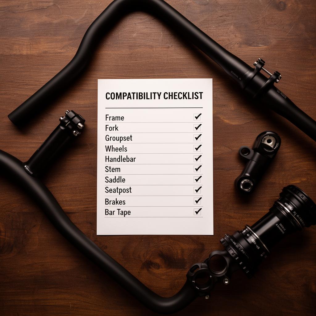 Printed compatibility checklist on a wooden surface surrounded by matte black bike parts