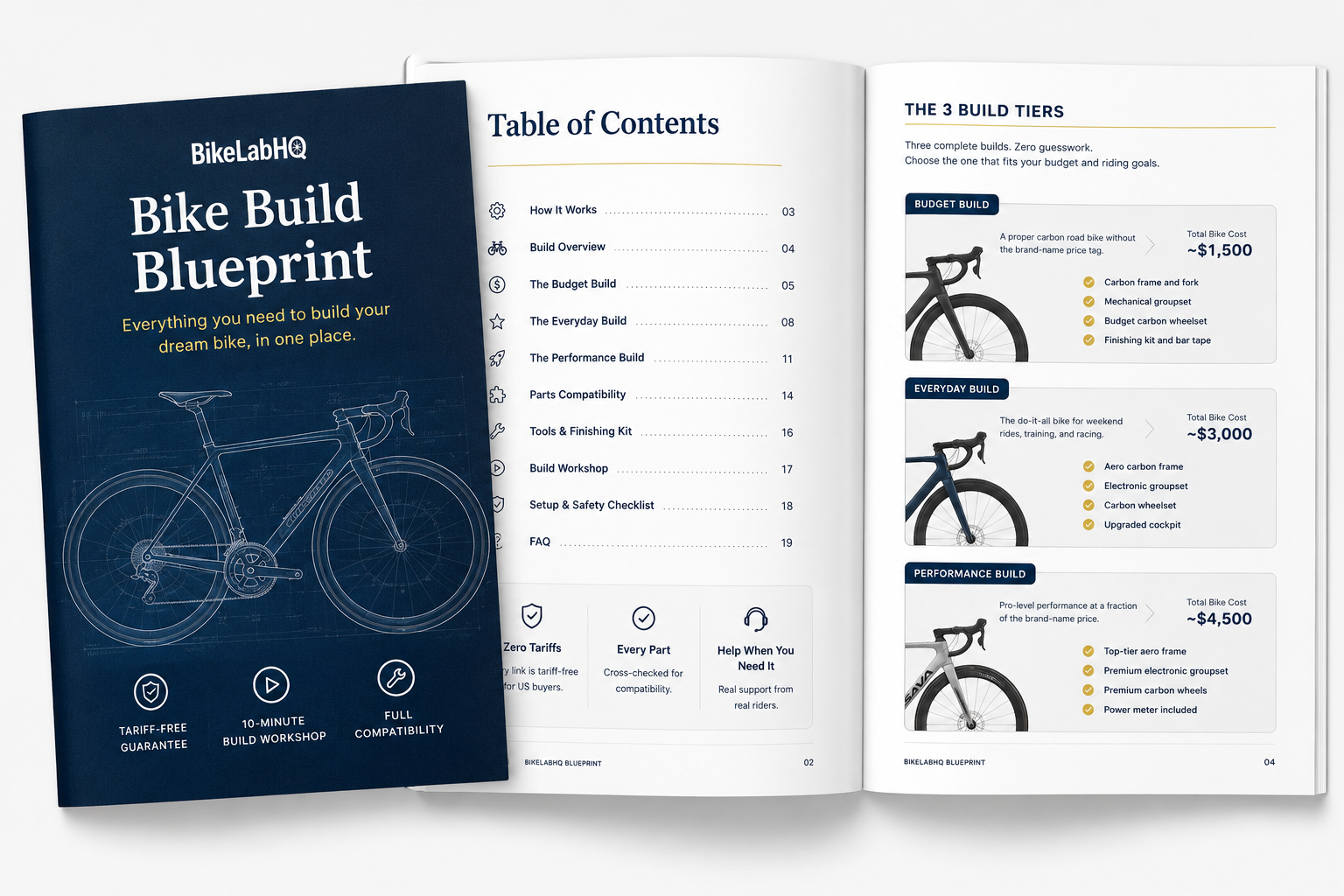 Matte black carbon road bike frame laid out on a navy blueprint with a parts checklist notebook