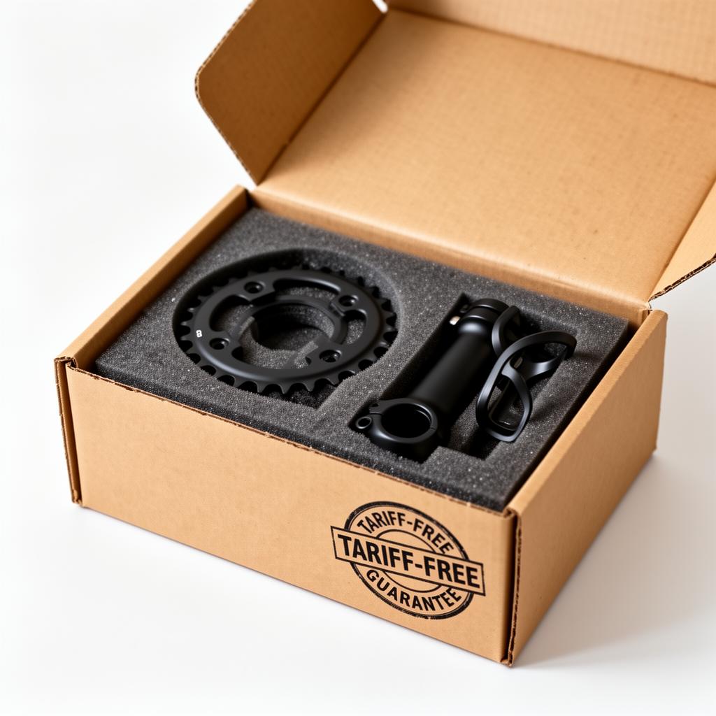 Open cardboard box of bike components stamped with a Tariff-Free Guarantee seal