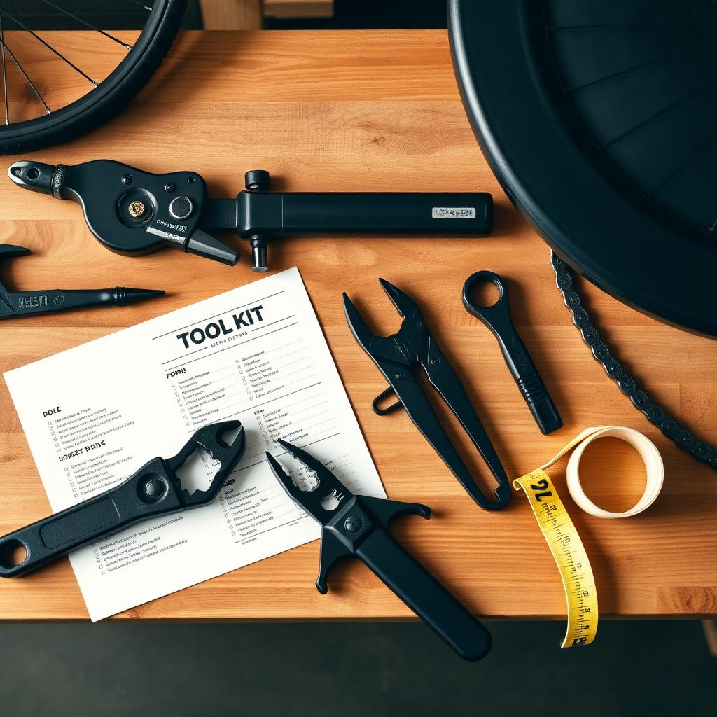 Flat lay of bike build tools and a printed Tool Kit checklist on a wooden workshop bench