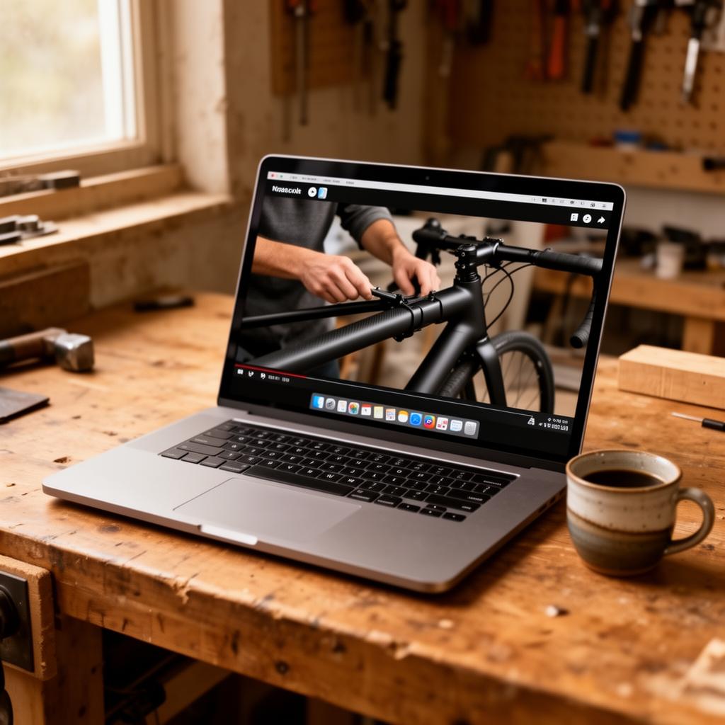 Laptop on a wooden workshop bench showing a bike build video