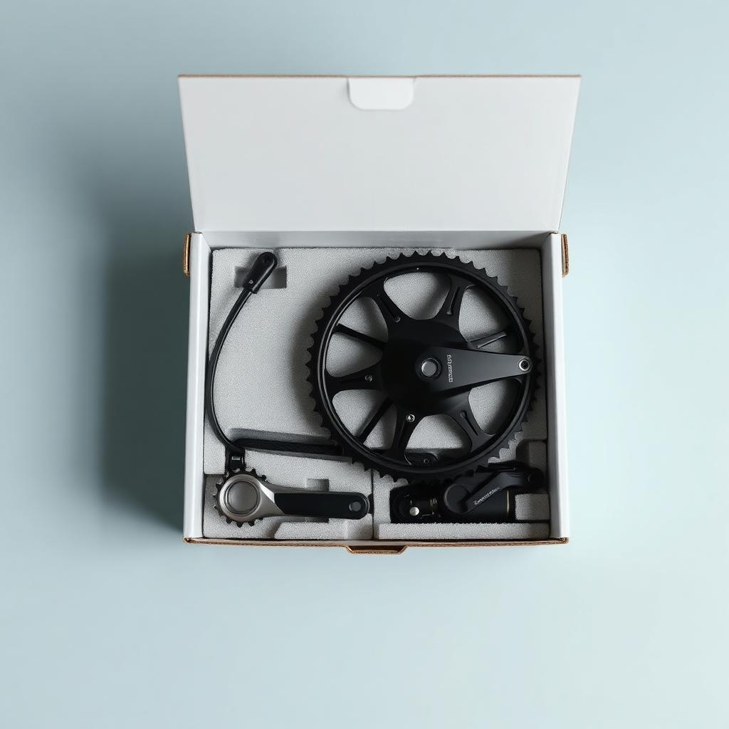 Open white shipping box filled with carbon bike drivetrain components
