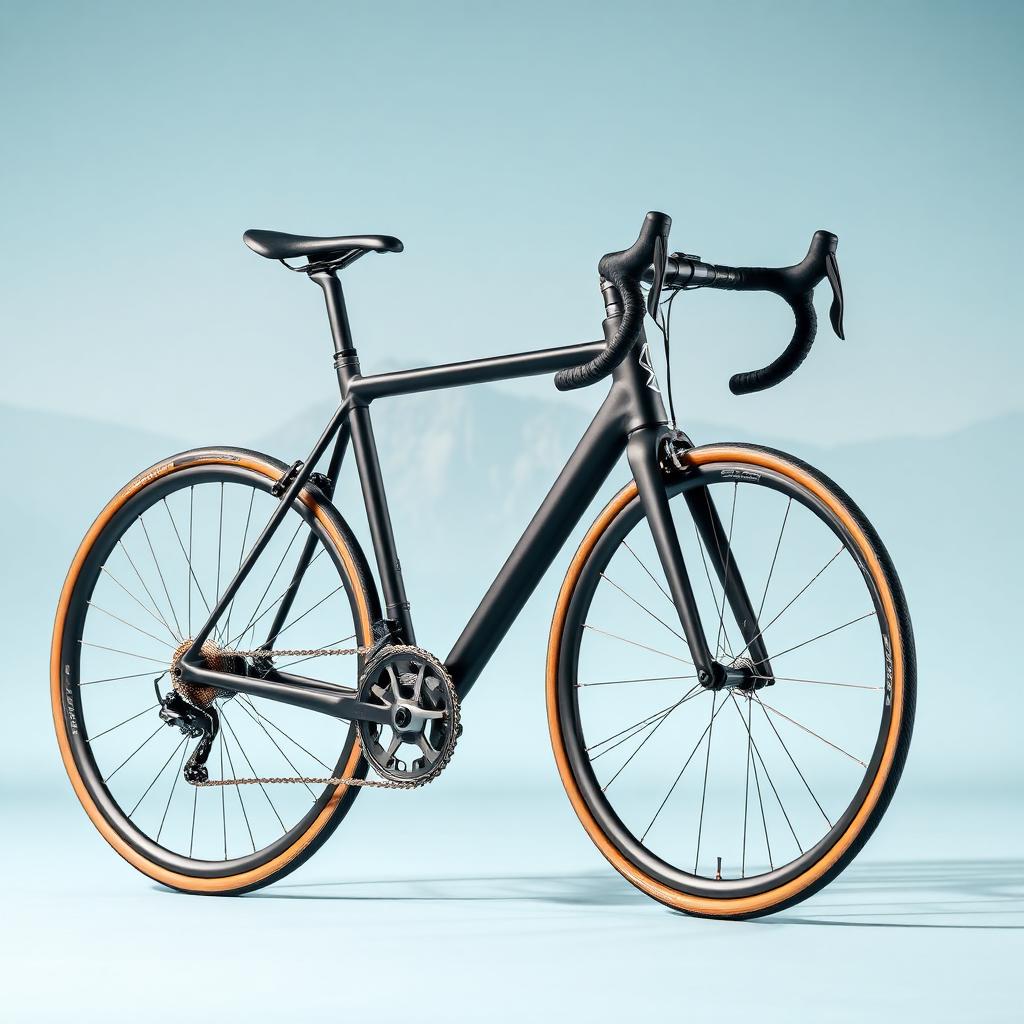 Matte black carbon road bike with tan sidewall tires on a soft blue backdrop